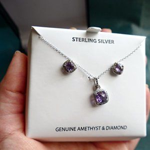 Amethyst & Diamond Sterling Silver Earrings Neck